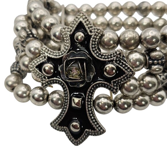 Silver Beaded Bracelet Multistrand Cross Faith Religious Grunge Rock Christian - Picture 2 of 16